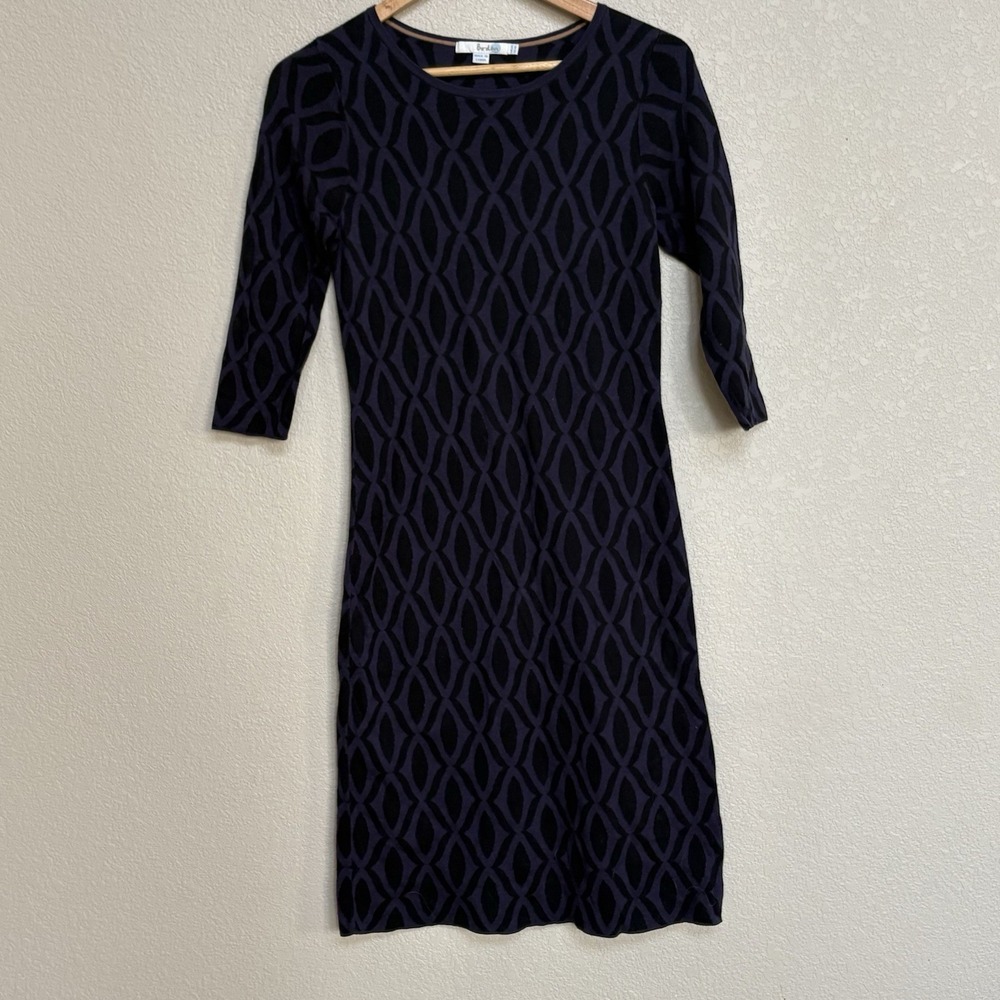 Boden Purple Navy Geo Knit Sweater Dress 3/4 Sleeve Size 8L Classic Midi